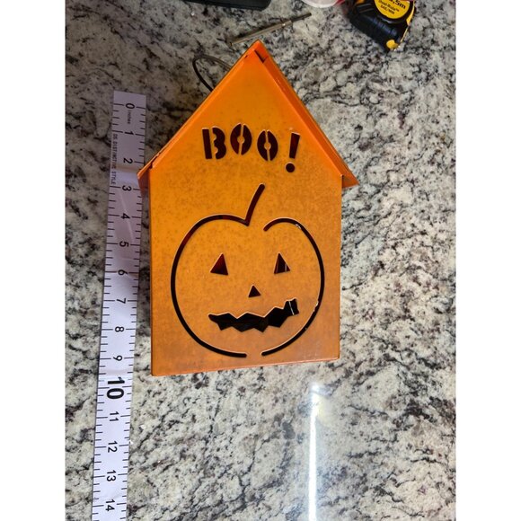 Metal ‘BOO!’ Pumpkin Lantern Candle Holder Rustic Halloween Table Décor - Picture 3 of 7